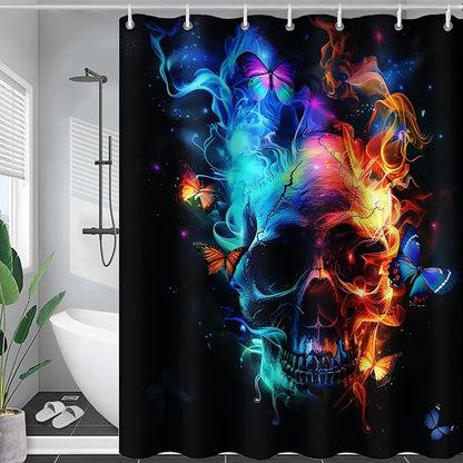 AILONEN Sugar Skull Shower Curtain for Bathroom,Blue and Red Smoky Skull Bath Curtain Decoration,Starry Butterfly Skull Skeleton Print Waterproof Shower Curtain with 12 Plastic Hooks, 60" W*72" H