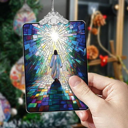 Jesus Walking to Light Stained Glass Ornament, Religious Christmas Tree Hanging Decoration for Gift Exchange or Stocking Stuffer, 3.8 x 2.4 Inch