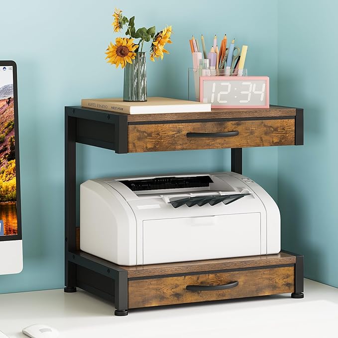 2-Tier Desktop Printer Stand with 2 Fabric Drawers, Prtiner Table with Storage Shelf, Desk Organizer for Home Office,3D Printer,Fax Machine,Scanner (Brown, 2 Tier)