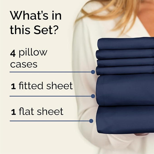 CGK Linens Queen 6 Piece Sheet Set - Cooling Sheets for Hot Sleepers - Hotel Luxury Bedding Set with 8-16 Inch Deep Pockets - 1 Flat & 1 Fitted & 4 Pillowcases - Soft, Comfy & Wrinkle Free - Navy Blue