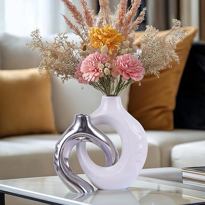 White and Silver Donut Vases, Set of 2, Ceramic Round Modern Vases, Neutral Minimalist Vases for Dining Room Table Centerpiece, Living Room Wedding Table Decoration