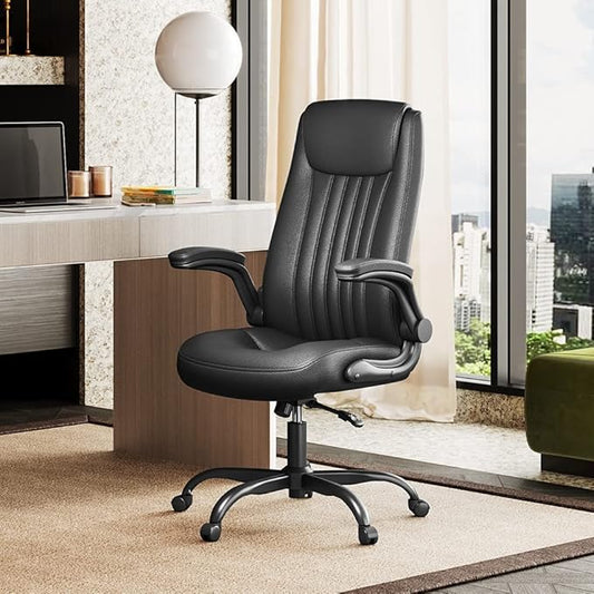 DEVAISE Executive Chair Computer Office Chair, High Back Ergonomic Desk Chair with Adjustable Flip-up Armrests, Lumbar Support and Thick Headrest, Black