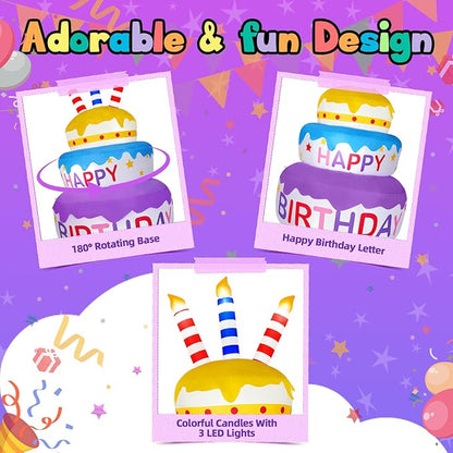 B&D 6FT Happy Birthday Cake Inflatable Decoration, Rotating Cake with Three Colors, Sparkling LED Lights, Eye-catching Outdoor, Indoor Decor for Birthday Party, Holiday, Light Up for Lawn Yard Garden