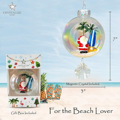 Santa Surf Christmas Ornament - Handmade Shatterproof Decorations for Indoor Outdoor Xmas Tree - Clear Ball Ornaments with Magnetic Crystal - Great Gift or Stocking Stuffer for Mom, Sister, Friend