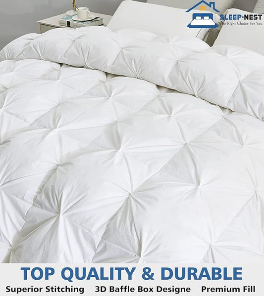 SLEEP-NEST Oversized King Comforter 136 x 120 Hotel Luxury Weighted Down Alternative Pinch Pleat 1 Piece Comforter with 8 Tabs/Loops 400 GSM-Box Stitched Extra Large Breathable Soft - White