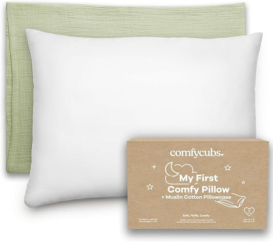 Comfy Cubs Toddler Pillow with Soft Muslin Pillowcase, 13"x18", Sage - Kids Pillow for Sleeping & Travel - Adorable & Comfortable Small Pillow - Kids Travel Pillow with Breathable Microfiber Fill