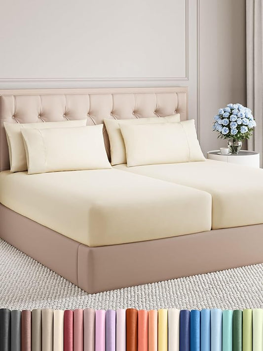 CGK Linens Split King 7 Piece Sheet Set - Cooling Sheets for Hot Sleepers - Hotel Luxury Bedding Set with 8-16 Inch Deep Pockets - 1 Flat & 2 Fitted & 4 Pillowcases - Soft & Wrinkle Free - Split King