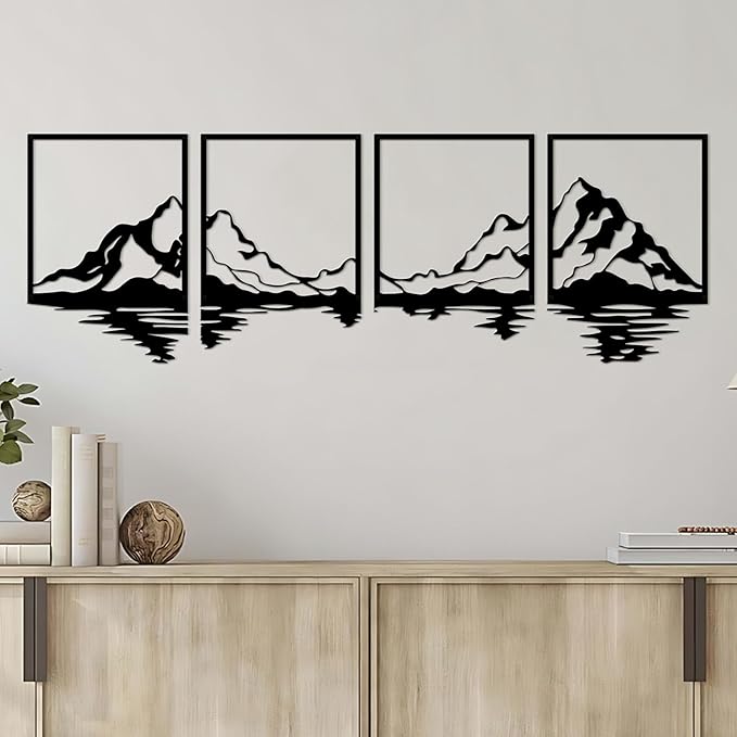 ESTART 4 PCS Metal Mountain Wall Art, Large Mountains Wall Decor, Mountain Forest Decorative Painting Suitable For Living Room Bedroom Office Indoor And Outdoor (Mountains Rivers)