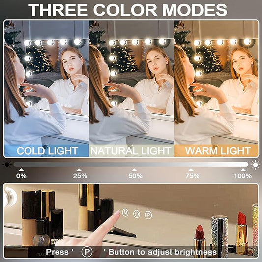 Kottova Vanity Mirror with Lights,23×18" Makeup Mirror,Hollywood Mirror with 15 LED,3 Color Modes & Detachable 10X Magnification Mirror,Slim Metal Frame Design,Smart Touch Control,Plug in
