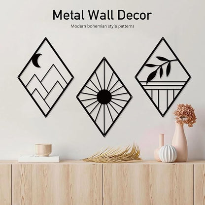 Sokurdeg Boho Metal Minimalist Geometry Wall Art, Black Bohemian Line Metal Art Wall Decor, Modern Abstract Wall Art for Bedroom Bathroom Living Room (3 Pack, 12 x 17 in)