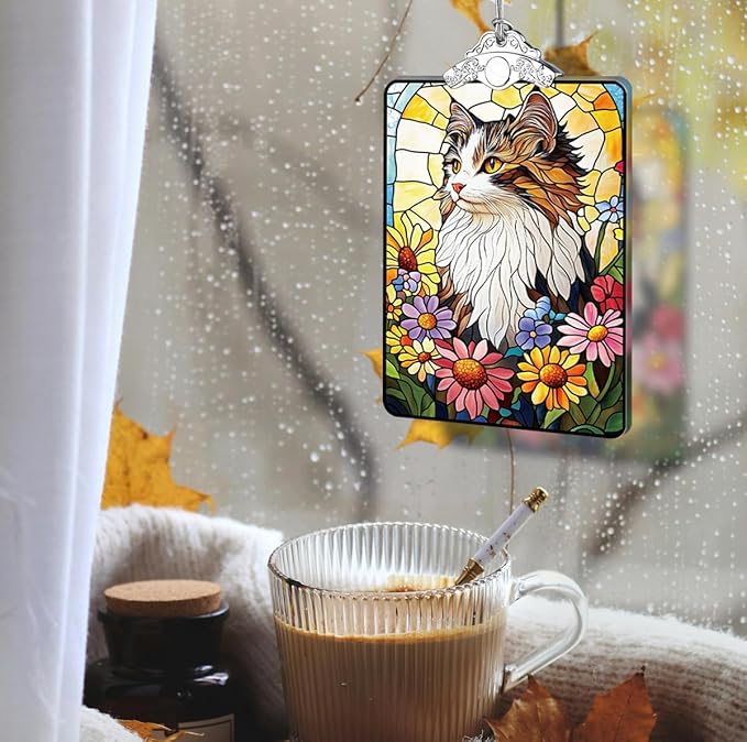 Cat in Flowers Stained Glass Ornament, 2025 Christmas Tree Hanging Decoration for Gift Exchange or Stocking Stuffer, Holiday Decor, 3.8 x 2.4 Inch