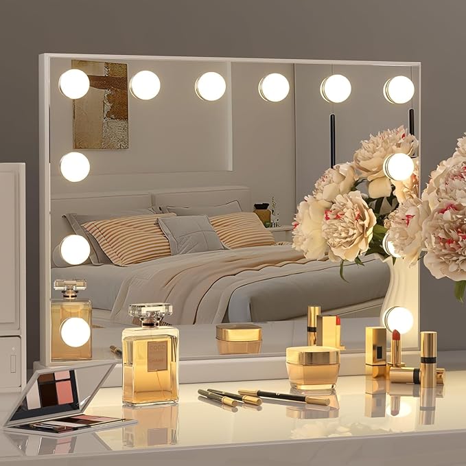 Kottova Vanity Mirror with Lights,23×18" Makeup Mirror,Hollywood Mirror with 15 LED,3 Color Modes & Detachable 10X Magnification Mirror,Slim Metal Frame Design,Smart Touch Control,Plug in