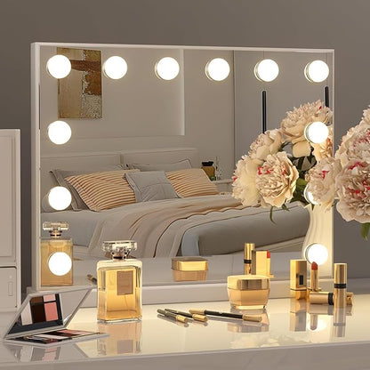 Kottova Vanity Mirror with Lights,23×18" Makeup Mirror,Hollywood Mirror with 15 LED,3 Color Modes & Detachable 10X Magnification Mirror,Slim Metal Frame Design,Smart Touch Control,Plug in