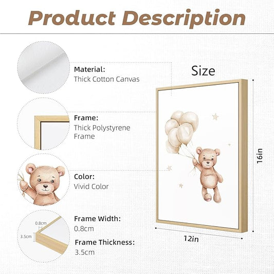 Bear Nursery Wall Art Decor Set of 3 Teddy Bear Canvas Wall Art Baby Boy Nursery Decor Prints Neutral Pictures Moon Star Cloud Print for Girls Children Room 12x16 Inch FRAMED