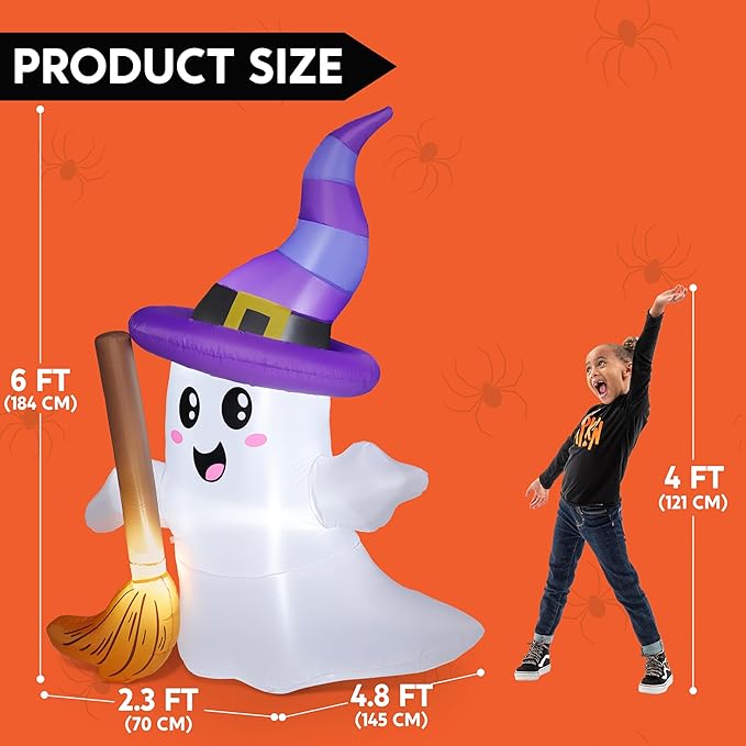 JOYIN 6 FT Tall Halloween Inflatables Ghost Outdoor Decorations, Cute Blow Up Ghost Holding Broom with LED, Blow Up Yard Decorations for Halloween Outdoor Yard Garden Lawn Party Decor