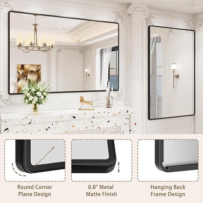 New Upgrade 60X40 Inch Wall Mounted Bathroom Mirror, Black Metal Frame Rounded Rectangle Mirror, Bathroom Vanity Mirror with Tempered Glass for Washroom Bedroom Living Room