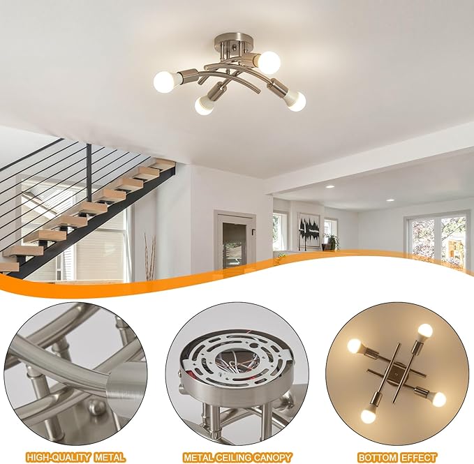 BUXVRCS Semi Flush Mount Ceiling Light Fixture, Modern Sputnik Chandelier Light Fixtures, Industrial Kitchen Light Fixtures Ceiling Mount, 4-Light Dining Room Light Fixture Bedroom (Brushed Nickel)