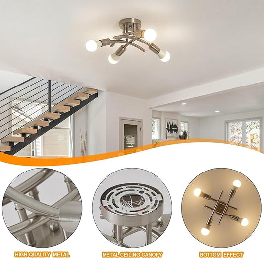 BUXVRCS Semi Flush Mount Ceiling Light Fixture, Modern Sputnik Chandelier Light Fixtures, Industrial Kitchen Light Fixtures Ceiling Mount, 4-Light Dining Room Light Fixture Bedroom (Brushed Nickel)