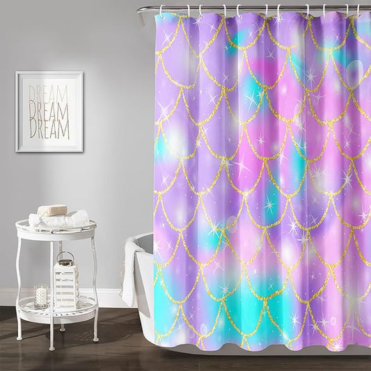 AILONEN Mermaid Scale Shower Curtain,Purple Mermaid Scale Bath Curtain for Girls Bathroom,Polyester Waterproof for Shower with 12 Plastic Hooks 48" W*72" H