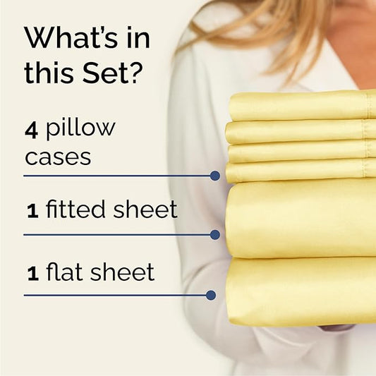 CGK Linens Queen 6 Piece Sheet Set - Cooling Sheets for Hot Sleepers - Hotel Luxury Bedding Set w/ 8-16 Inch Deep Pockets - 1 Flat & 1 Fitted & 4 Pillowcases - Soft, Easy Care & Wrinkle Free - Yellow
