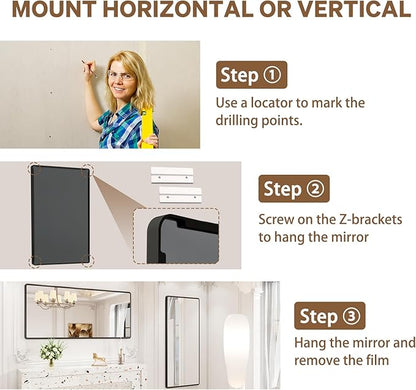 New Upgrade 60X28 Inch Wall Mounted Bathroom Mirror, Black Metal Frame Rounded Rectangle Mirror, Bathroom Vanity Mirror with Tempered Glass for Washroom Bedroom Living Room
