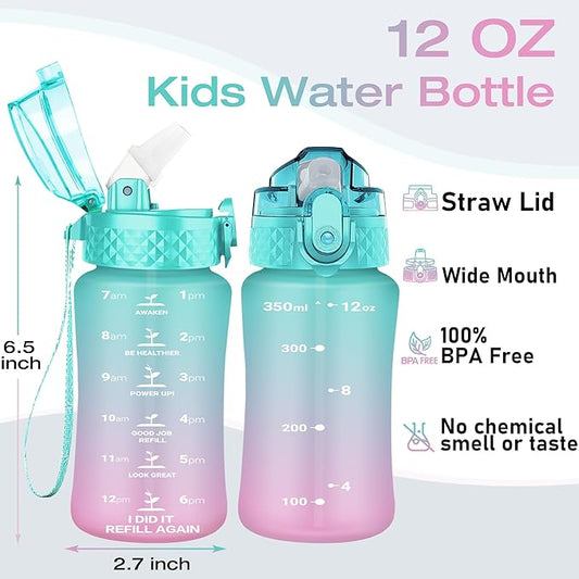 OLDLEY Kids Water Bottle for School, 12 oz (Straw Lid) BPA-Free Reusable Leak-proof Durable Tritan Plastic Water Bottles with One-handed Opening Straw Lids, Anti-dust Spout Cover (Tulips)