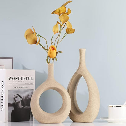Tan Ceramic Vase Set 2,Modern Hollow Circle with Hole Flower Vase for Home Decor,for Table Centerpieces,Farmhouse,Fire Place,Living Room,Bedroom,Office,Bookshelf,Rustic Decor
