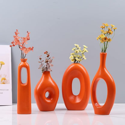 Orange Ceramic Vase Set of 4, Home Decor Circle Hollow Vases for Pampas Grass, Modern Decorative Flowers for Living Room, Office, Mantel, Entryway, Table Centerpieces