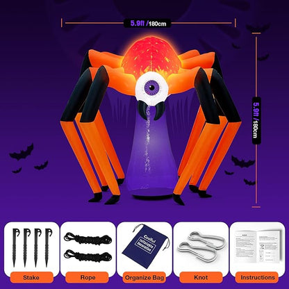 6 x 6FT Halloween Inflatable Decoration Large Spider, Tall Spider Halloween Inflatable Decor Indoor Outdoor Lawn Yard Decor, Halloween Build-in LED & Flame Light Blow Up Spider Decoration