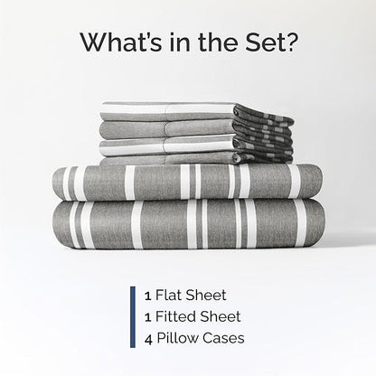 CGK Linens Queen 6 Piece Sheet Set - Cooling Sheets for Hot Sleepers - Hotel Luxury Bedding Set w/ 8-16 Inch Deep Pockets - 1 Flat & 1 Fitted & 4 Pillowcases - Soft, Cozy & Wrinkle Free - Grey Stripes