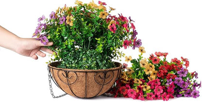 Artificial Faux Hanging Plants Flowers Basket for Summer Outdoor Outside Decoration, Fake Silk UV Sun Resistant Look Real Colorful Daisy Eucalyptus for Porch Home Patio Balcony Yard