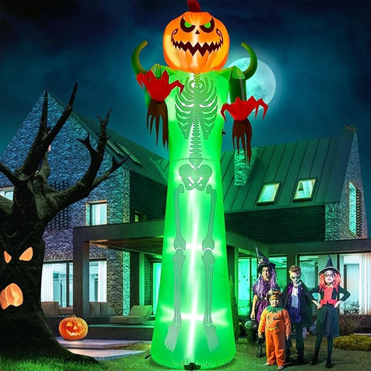 Kalolary 12FT Halloween Inflatable with LED Light, Giant Pumpkin Halloween Outdoor Decoration Scary Pumpkin Skeleton Blow up Inflatable for Home Family Party Halloween Holiday Yard Lawn Indoor Decor