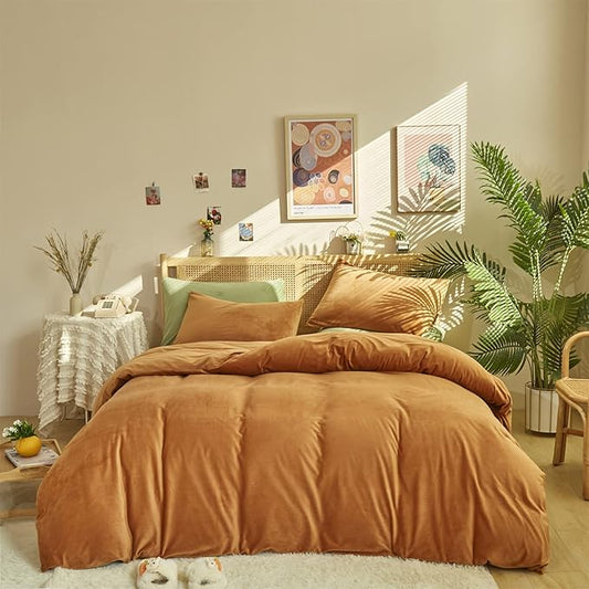 Cottonight Velvet Comforter Set King Pumpkin Rust Bedding Set Flannel Burnt Orange Fluffy Plush Blanket Quilts Soft Thick Warm Terracotta Comforter Set for Women Men King Bed