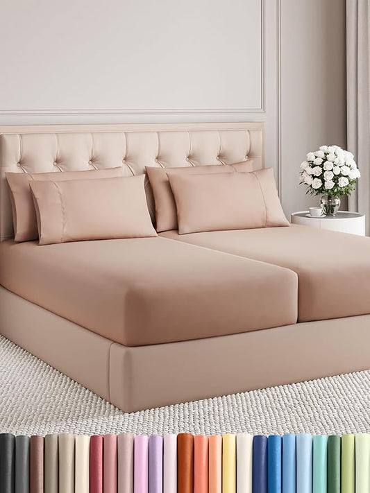 CGK Linens Split King 7 Piece Sheet Set - Cooling Sheets for Hot Sleepers - Hotel Luxury Bedding Set with 8-16 Inch Deep Pockets - 1 Flat & 2 Fitted & 4 Pillowcases - Soft & Wrinkle Free - Split King