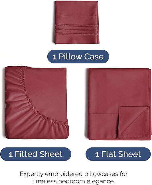 Twin Size 3 Piece Sheet Set - Comfy Breathable & Cooling Bed Sheets Set - Hotel Luxury Bedding for Women, Men, Kids, Teens, Boys & Girls - Deep Pockets, Ultra-Soft, Wrinkle Free - Oeko-Tex - Burgundy