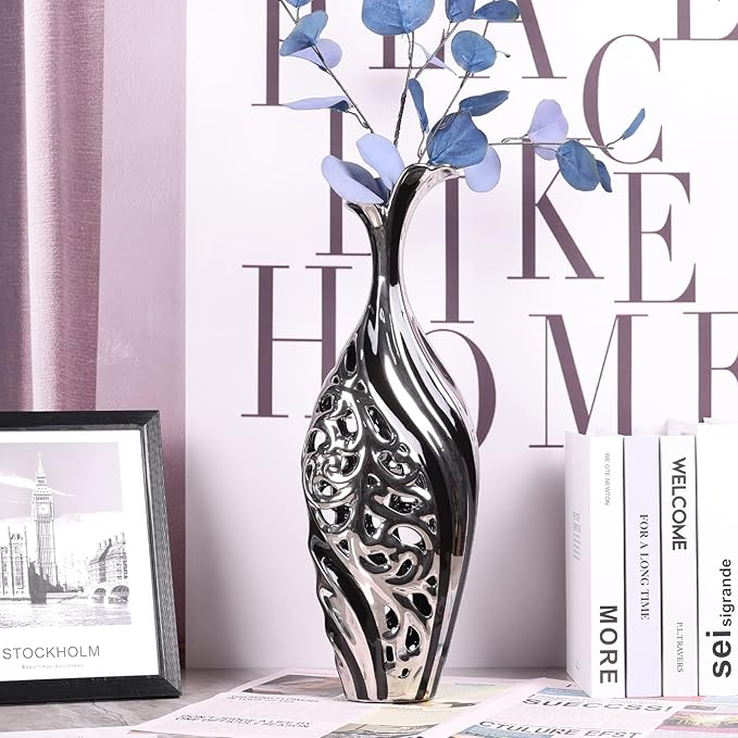 19 inch Tall Floor vase, Black and Silver Ceramic vase, Pottery Decorative vase, Unique Pampas Grass vase Suitable for Living Room Floor, Home Office, Porch Home Centerpiece Decorative Large vase