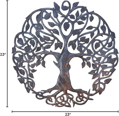 Tree of Life Metal Wall Art, Contemporary Iron Artwork Decor, Celtic Family Trees, 23 In. x 23 In. Round Modern Plaque, Handmade in Haiti,Fair Trade Certified, Signed By Wilson Etienne