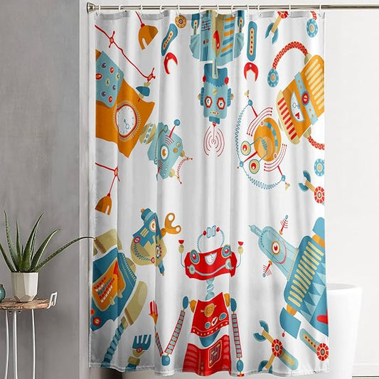 AILONEN Kawaii Robots Shower Curtain,Cartoon Robot Waterproof Fabric Shower Curtain Set for Boys Teens Kids, 72" W*72" H Watercolor Robot Bathroom Decors