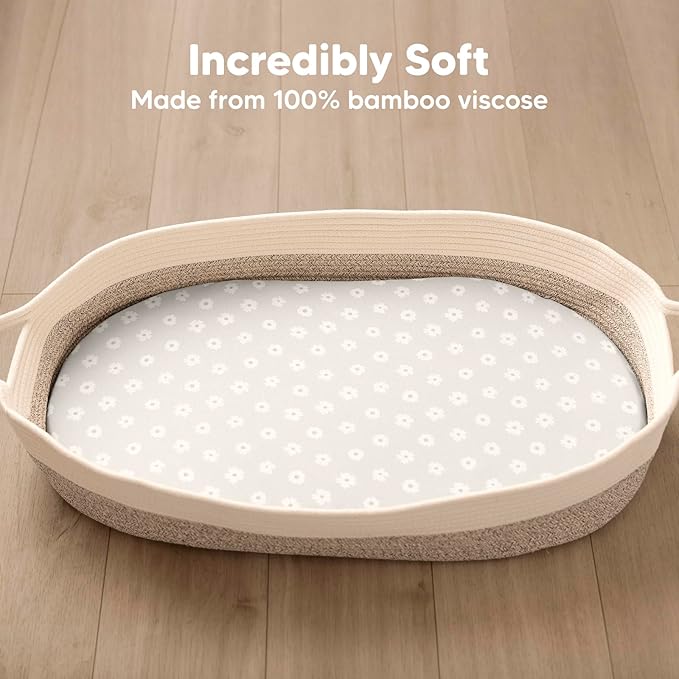 2-Pack Baby Bassinet Sheets Girl, Boy - Viscose Derived from Bamboo Fitted Bassinet Sheets Compatible with Halo Bassinest Swivel Sleeper, Baby Delight, Graco Bedside Bassinet Mattress Sheet (Meadow)