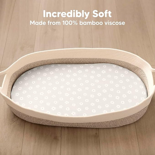 2-Pack Baby Bassinet Sheets Girl, Boy - Viscose Derived from Bamboo Fitted Bassinet Sheets Compatible with Halo Bassinest Swivel Sleeper, Baby Delight, Graco Bedside Bassinet Mattress Sheet (Meadow)