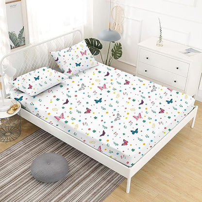 Girls Butterfly Fitted Sheet Set for Kids Teens Colorful Flowers Bed Sheet Queen Size 3D Print Dreaming Style Sheet Set 3 Piece