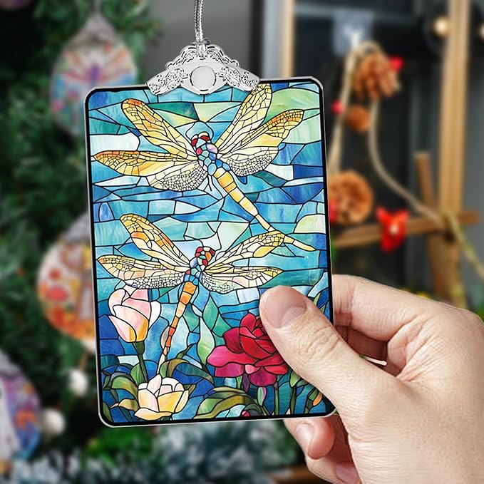 Dragonfly Stained Glass Ornament, 2025 Christmas Tree Hanging Decoration Exchange or Nature-Inspired Decor, 3.8 x 2.4 Inch