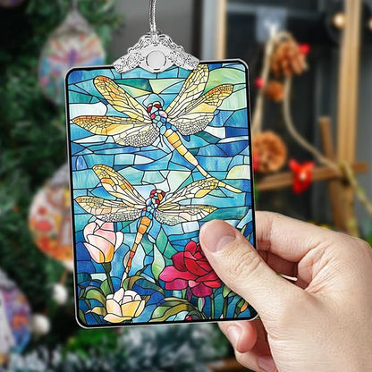 Dragonfly Stained Glass Ornament, 2025 Christmas Tree Hanging Decoration Exchange or Nature-Inspired Decor, 3.8 x 2.4 Inch
