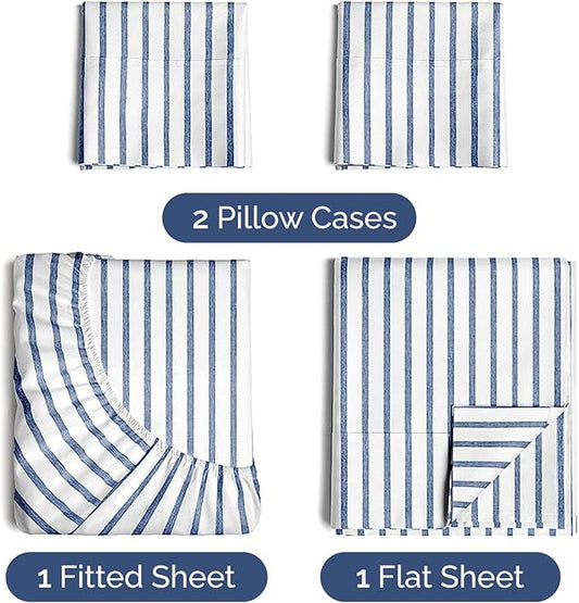 CGK Linens Twin 4 Piece Sheet Set - Cooling Sheets for Hot Sleepers - Hotel Luxury Bedding Set with 8-16 Inch Deep Pockets - 1 Flat & 1 Fitted & 2 Pillowcases - Soft and Wrinkle Free - Blue Stripes