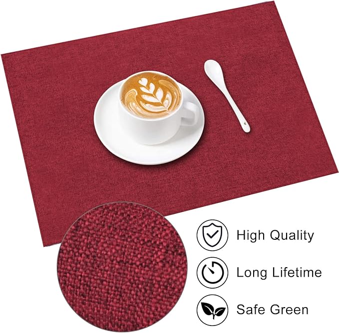 Cloth Placemats Set of 6, Cotton Linen Blend Machine Washable Durable Linen Table Mats, Heat Resistant Placemats Wrinkle Free Place Mats for Dining Table, Easy to Clean (Burgundy, 6)