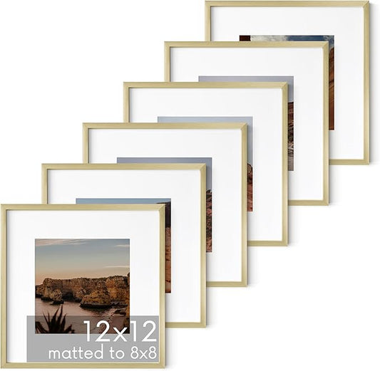 HAUS AND HUES 12x12 Gold Metal Picture Frames Matted to 8x8 - Features Premium Aluminum & Hanging Hardware, Shatterproof Plexiglass - Ideal for Home, Room, Office (12x12 in, Gold, Set of 6)