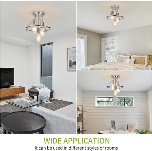 WILON Brushed Nickel Semi Flush Mount Ceiling Light - 3-Light Ceiling Light Fixtures Farmhouse Kitchen Light Industrial Hallway Light Fixtures E26 Socket Ceiling Lamp for Hallway Kitchen Foyer