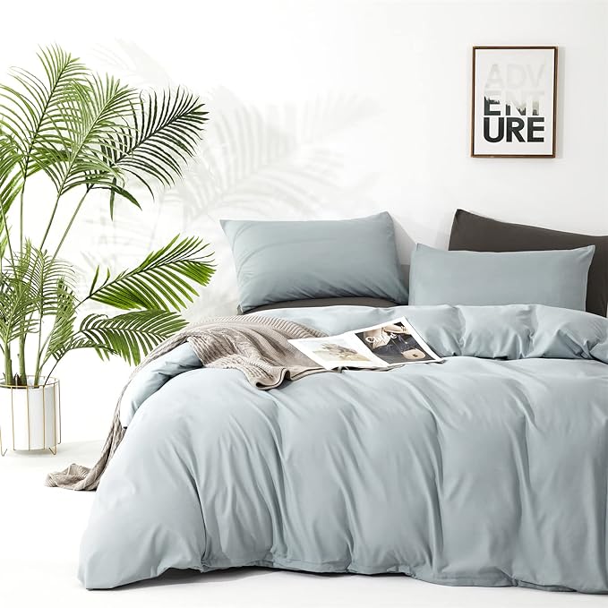 Wellboo Light Blue Comforter Sets Full Size Solid Dusty Blue Bedding Comforters Cotton Boys Girls Haze Blue Bed Quilts Modern Light Greyish Blue Blankets Soft Health Plain Mist Lake Blue Bed Durable