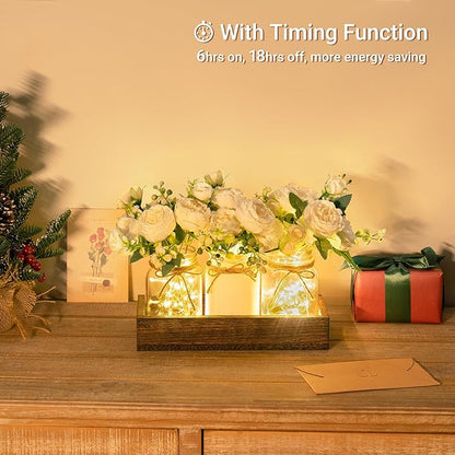 Mkono Mason Jar Lights Centerpiece Table Decor for Dining Room Farmhouse Wood Tray with 3 Jars Flowers Summer Decoration for Coffee Table Kitchen Living Room Wedding