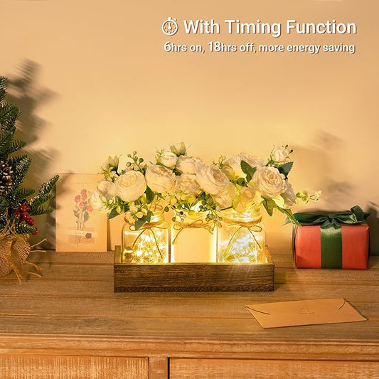 Mkono Mason Jar Lights Centerpiece Table Decor for Dining Room Farmhouse Wood Tray with 3 Jars Flowers Summer Decoration for Coffee Table Kitchen Living Room Wedding